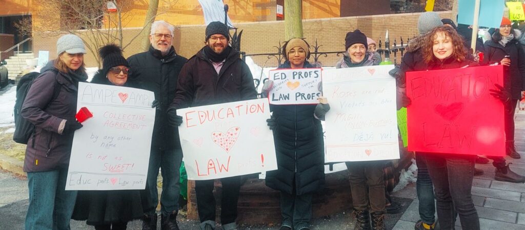 Des membres de l’AMPE soutiennent le piquet de grève de l’AMPD à McGill le 13 février 2023, un exemple de la solidarité entre associations professorales ayant mené aux victoires syndicales à McGill.