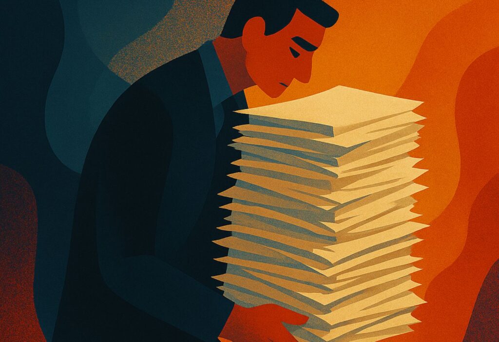 Illustration d’un professeur submergé sous une pile de documents, symbolisant la surcharge administrative et les effets du sous-financement des universités au Québec.