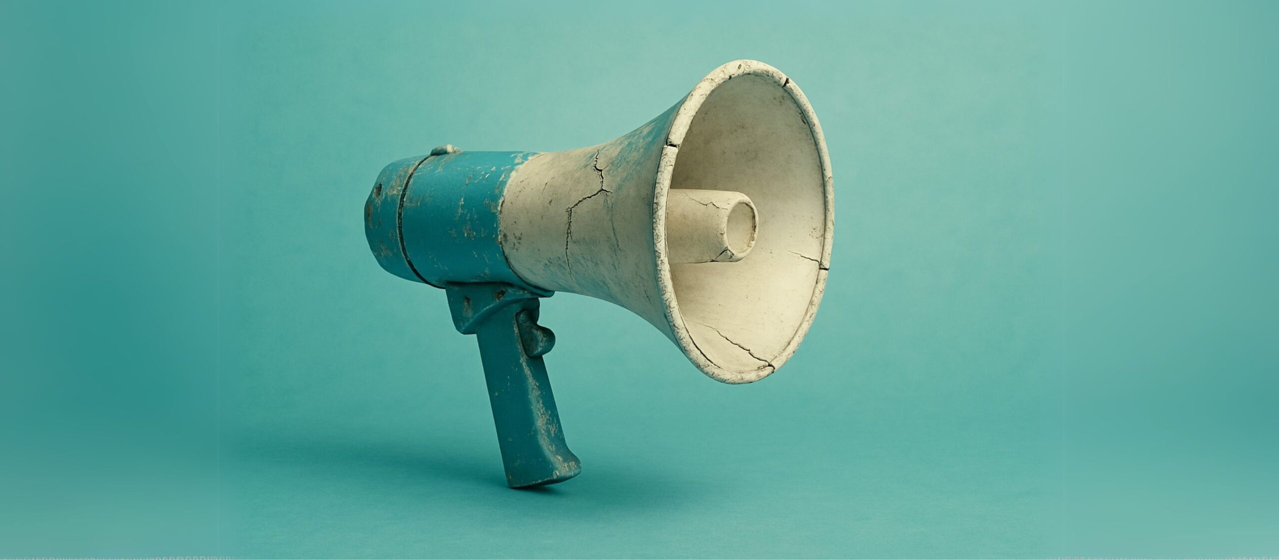 Mégaphone usé et fissuré sur fond turquoise illustrant la précarité de la liberté académique et la fragilité de la prise de parole dans le milieu universitaire.