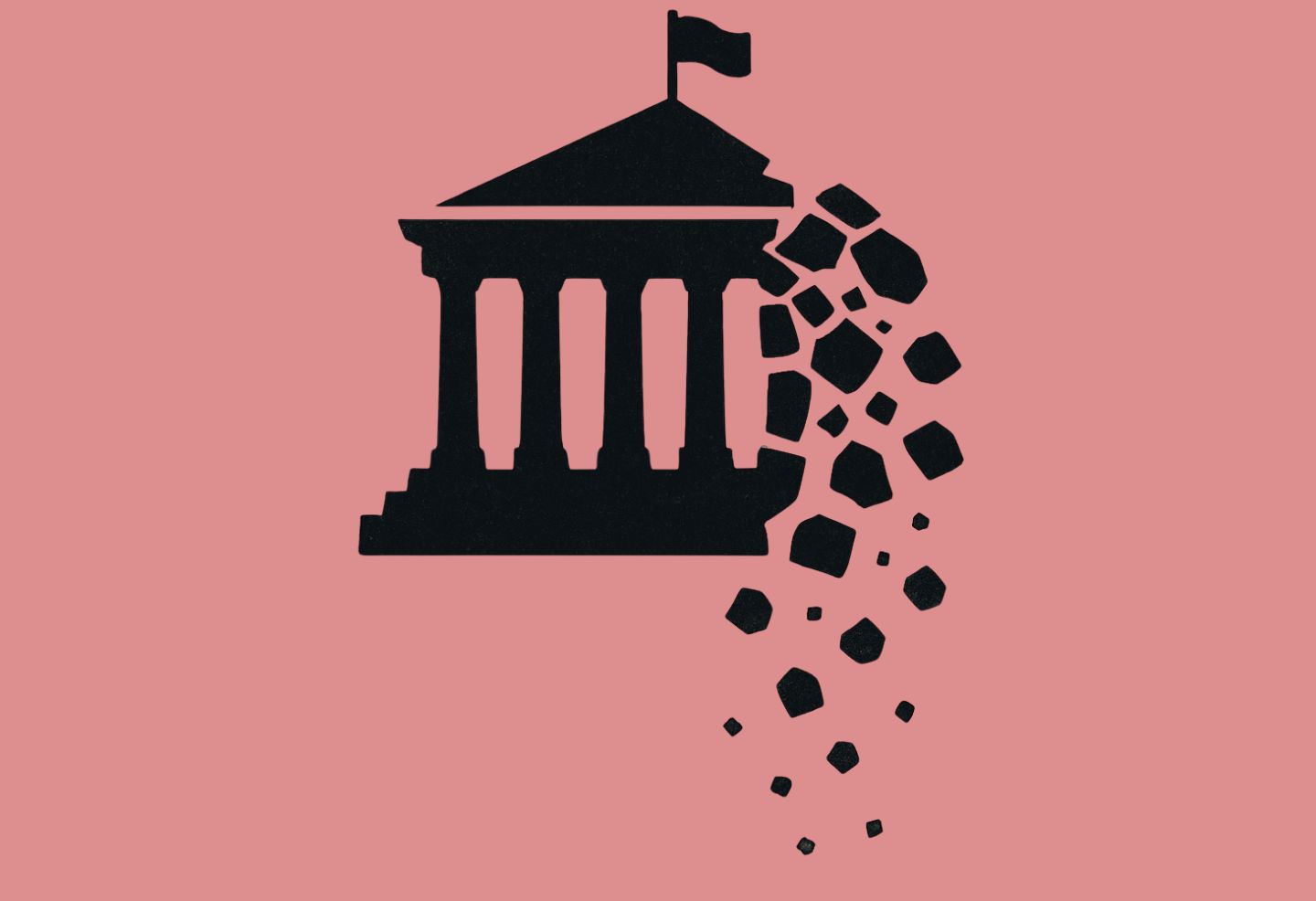Illustration symbolique d’un bâtiment institutionnel en ruine représentant le démantèlement du ministère de l’Enseignement supérieur, accompagnant le communiqué de presse de la FQPPU demandant la démission de la ministre Pascale Déry.