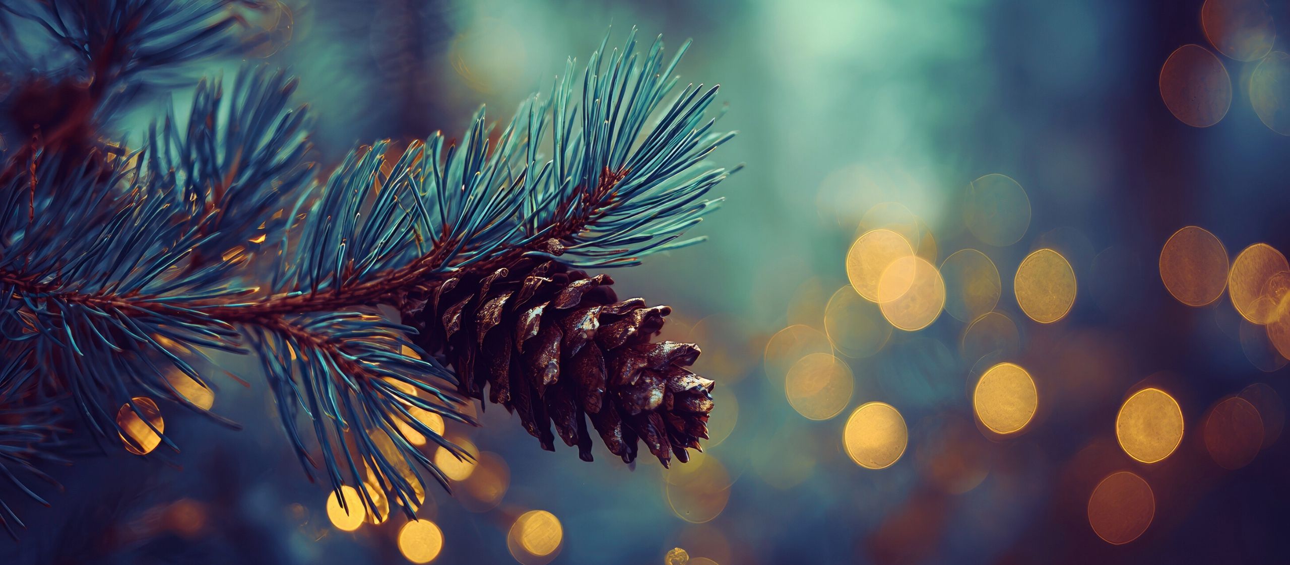 Branche de sapin avec une pomme de pin, éclairée par des lumières floues, évoquant une ambiance chaleureuse pour les Fêtes 2025.