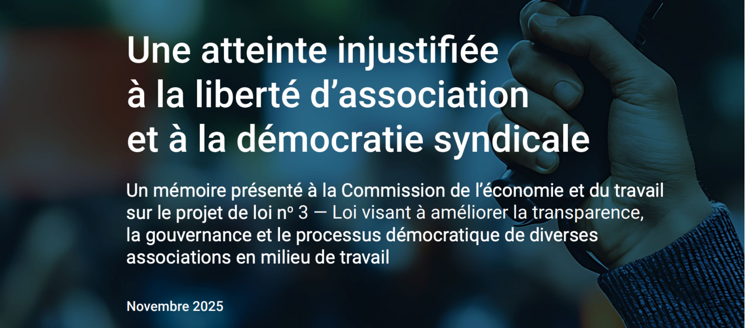 Couverture du mémoire de la FQPPU dénonçant le projet de loi 3 comme une atteinte à la liberté d’association et à la démocratie syndicale au Québec.