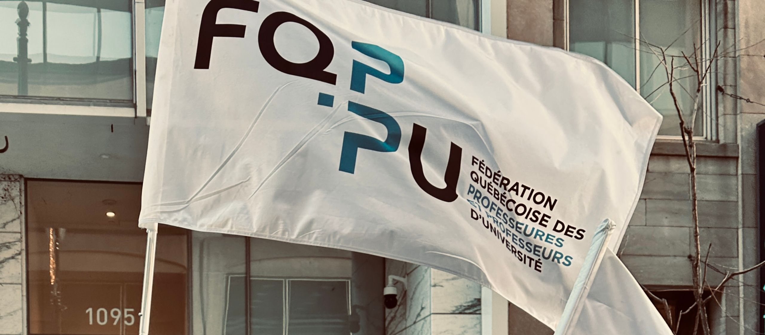 Drapeau de la FQPPU flottant lors de la manifestation du 29 novembre contre le projet de loi 3 au Québec.