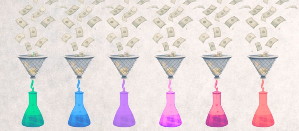 Financement de la recherche universitaire illustré par des entonnoirs collectant de l’argent dans des fioles de laboratoire
